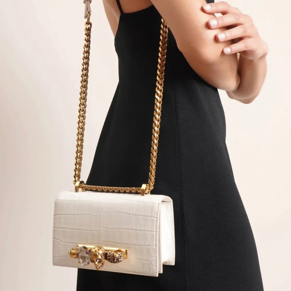 Alexander McQueen Ivory Croc Embossed Mini Jewelled Satchel Bag NEW!
